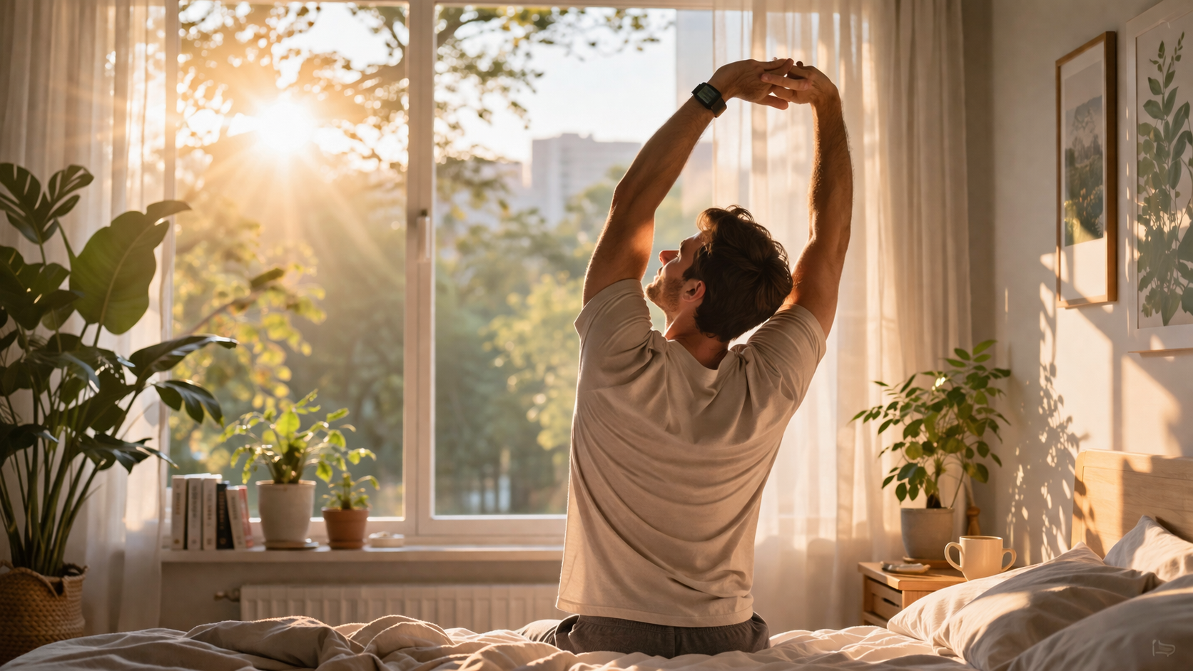 Person stretching near window with morning sunlight streaming in, peaceful bedroom setting with plants, soft natural lighting, wellness lifestyle photography