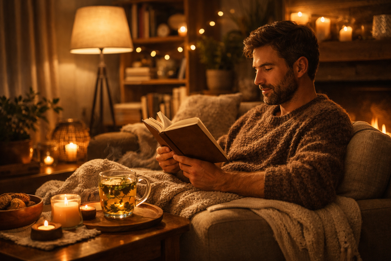 Cozy evening scene with warm lighting, person reading book with herbal tea, comfortable living room setting, hygge atmosphere, relaxation wellness